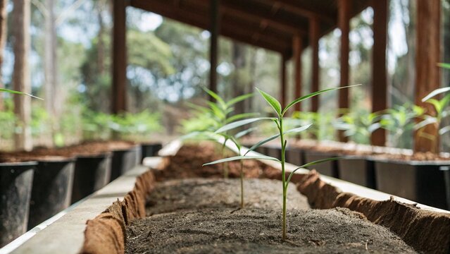 Growing plants in timelapse, Sprouts Germination newborn seedling plant in guano on ground with forest background.
