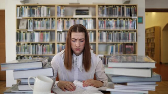 Confused student struggles to understand difficult study material in a library as complex information leaves her mentally drained but determined to continue learning alone today