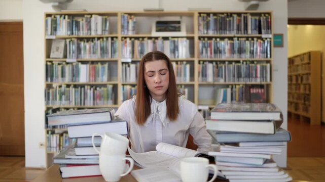 Exhausted student struggles to keep studying in a library as heavy workload endless reading and piles of books cause stress fatigue frustration and academic burnout today