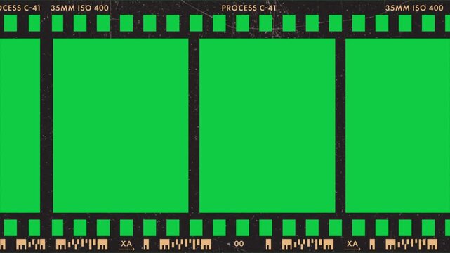 Vintage Film Strip Frame Animation, Scrolling Movie Frames, Retro Film Border Overlay, Grunge Cinema Texture, Horizontal Motion, Green Screen, 4K