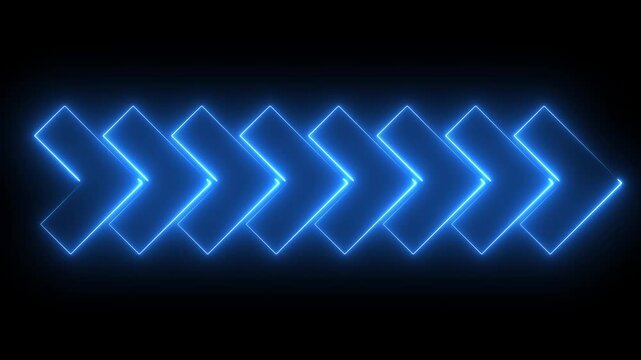 Glowing neon blue color direction right arrow sign icon animation journey information road sign signal circle sign symbol on black background