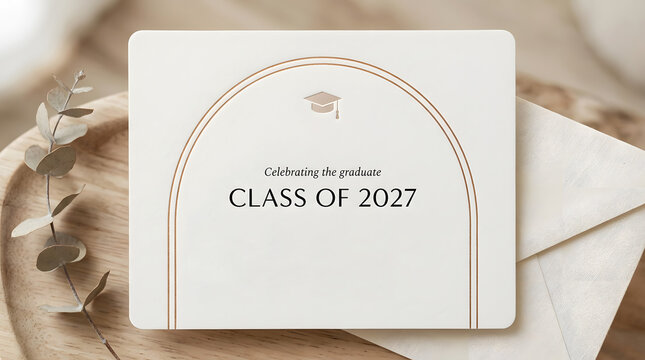 Minimalist graduation invitation card with arch design and graduation cap