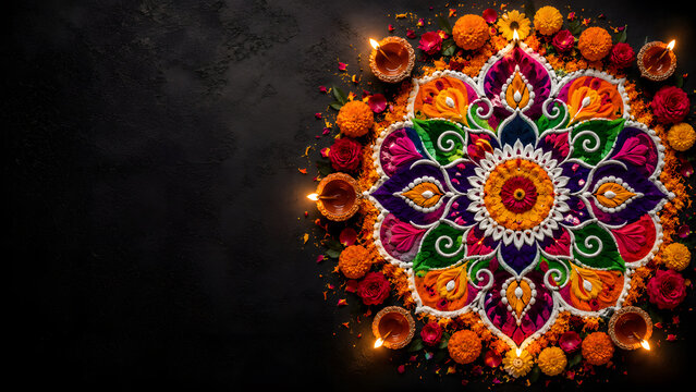 Happy Diwali - Clay Diya lamps lit during Dipavali, Hindu festival of lights celebration. Colorful traditional oil lamp diya on black background