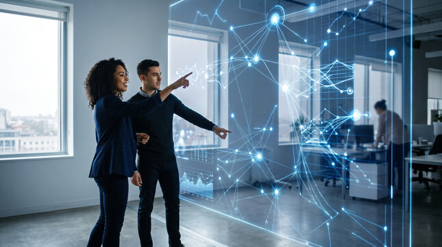 Business partners interacting with a complex 3D holographic neural network data interface in a modern corporate office. Future technology and data management.