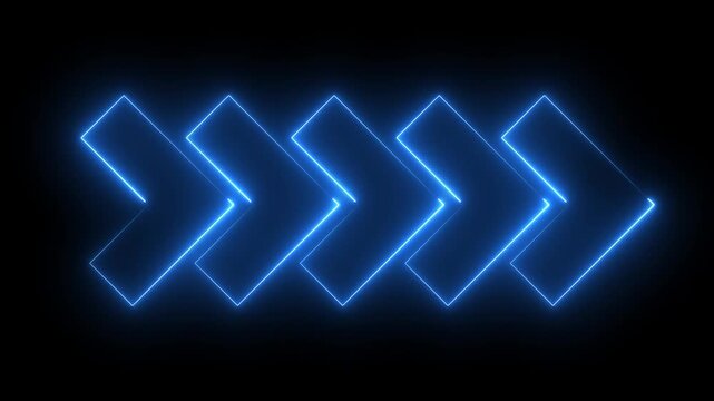 Glowing neon blue color direction right arrow sign icon animation journey information road sign signal circle sign symbol on black background