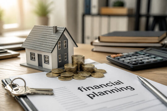 A miniature house, coins, and financial planning documents on a desk indoors.