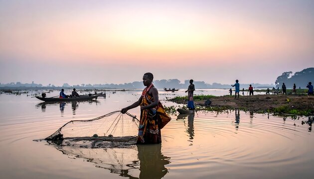 Fisherman casting a net in the river at sunset.