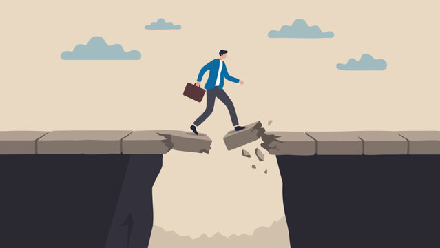 A businessman with a briefcase walking across a broken stone bridge over a deep dark canyon, representing risk, challenge, business strategy concept