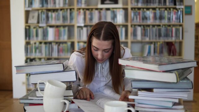 Young woman studies intensely in a library surrounded by stacks of books reading academic materials and preparing carefully for important university entrance examinations