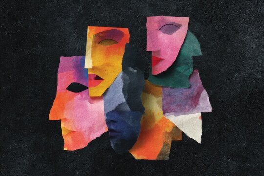 Bold abstract faces watercolor collage made from torn paper pieces on dark textured background for poster design