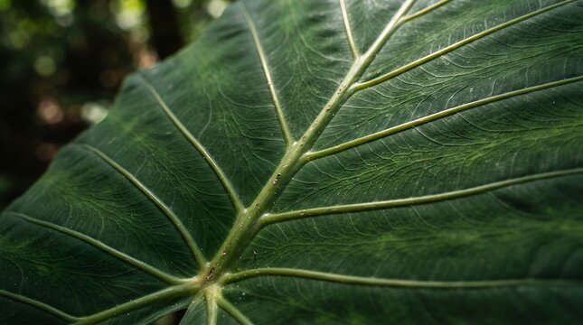Detailed Close Up Macro Shot of a Vibrant Green Tropical Elephant Ear Leaf Showing Intricate Vein Patterns and Natural Forest Textures