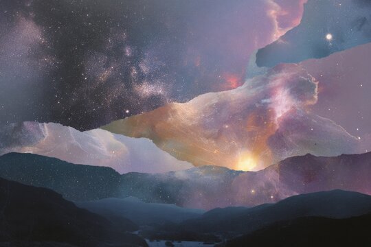 Cosmic collage of swirling galaxies and nebulae over a layered mountain landscape for space themed wallpaper and poster background