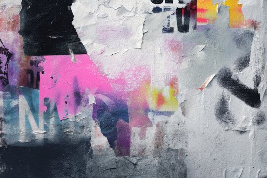 Abstract urban street art collage with torn paper graffiti textures in pink cyan and black for background and wall art design