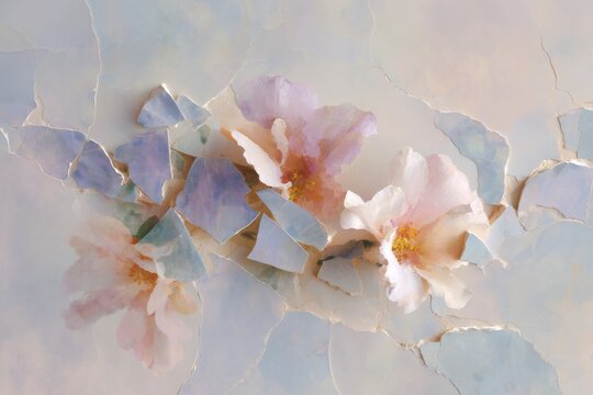 Elegant broken tile floral collage with pastel peony blossoms forming an abstract background for wallpaper poster and interior design
