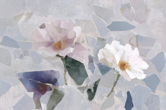 Elegant broken tile collage forming abstract floral composition with soft pastel flowers for background and wallpaper design