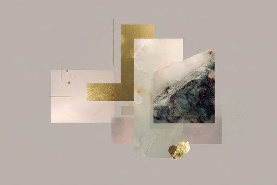 Elegant minimalist collage of glass shards and gold accents with soft marble textures for contemporary wallpaper and poster design