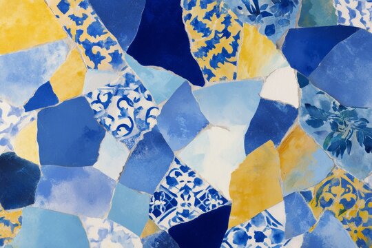 Fractured ceramic tile collage with blue and yellow patterned pieces for background and surface design and decorative texture