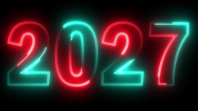 glowing neon red and cyan color new year 2027 number text icon animation season digit celebrate banner event wishes party anniversary on black background