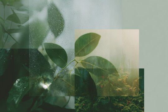Lush green nature collage with overlapping leaves and moss layers for botanical background and eco design