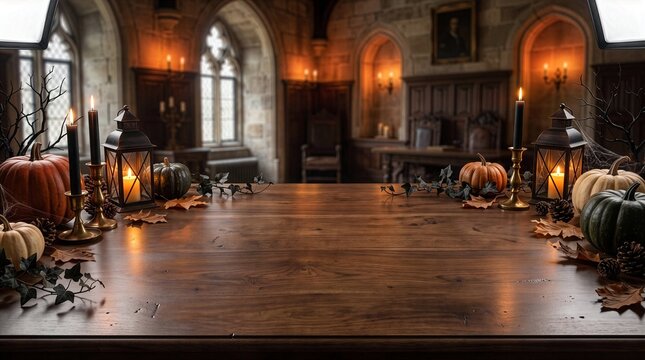 Luxury Halloween Wooden Table Product Mockup Background