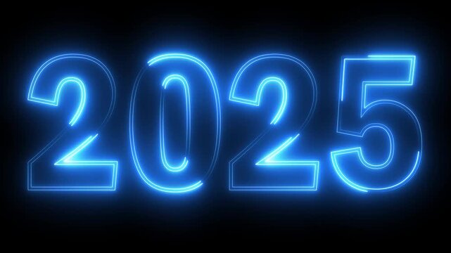 glowing neon blue color new year 2025 number text icon animation season digit celebrate banner event wishes party anniversary on black background
