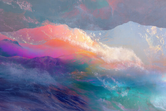 Psychedelic abstract ocean collage with glowing iridescent waves and colorful gradients for surreal background poster and dreamy design