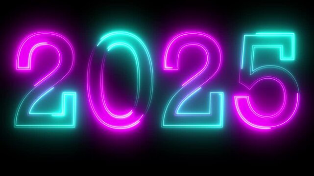 glowing neon pink and cyan color new year 2025 number text icon animation season digit celebrate banner event wishes party anniversary on black background
