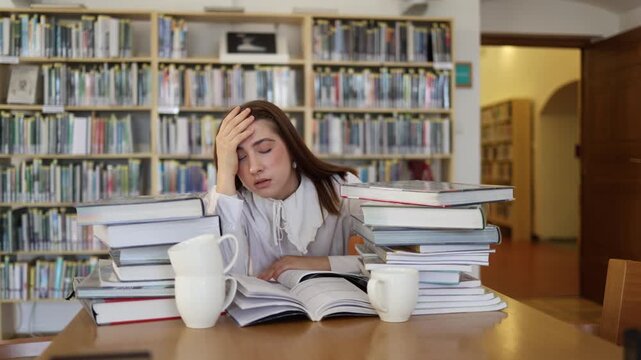 Exhausted college student struggles to study among stacks of books in a library feeling overwhelmed by academic workload while preparing for several upcoming exams