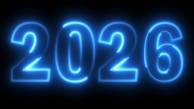 glowing neon blue color new year 2026 number text icon animation season digit celebrate banner event wishes party anniversary on black background