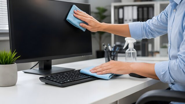 Professional office worker carefully cleaning black computer screen and keyboard with soft blue microfiber cloth daily