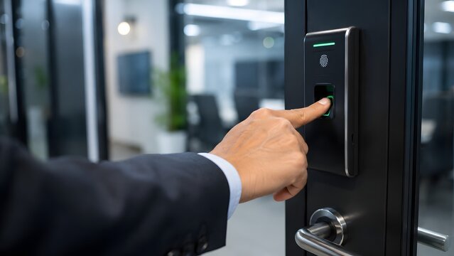 Professional person using biometric fingerprint scanner to unlock a modern office door in bright lighting