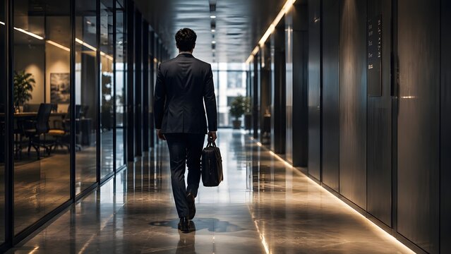Professional businessman in a sharp navy suit walking through a modern illuminated glass corporate office hallway
