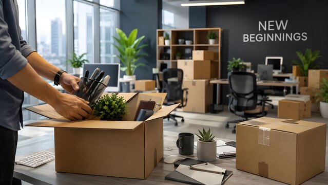 Employee packing cardboard box with office supplies during professional relocation inside a modern corporate workspace environment