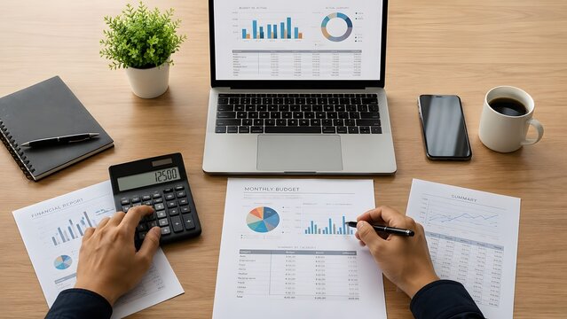 Professional analyst reviewing monthly financial budget reports using a calculator and pen on wooden office desk