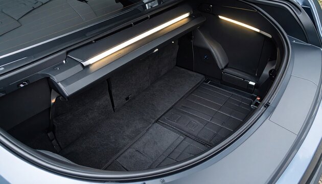 Open modern car trunk with LED lighting and folded rear seats, showing spacious cargo area and rubber floor mat.