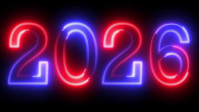 glowing neon red and blue color new year 2026 number text icon animation season digit celebrate banner event wishes party anniversary on black background