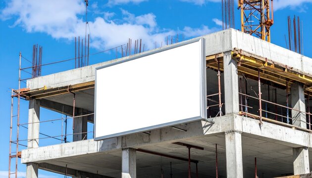 Blank white billboard mockup on an unfinished concrete building construction site with scaffolding under a clear blue sky, ideal for advertising.