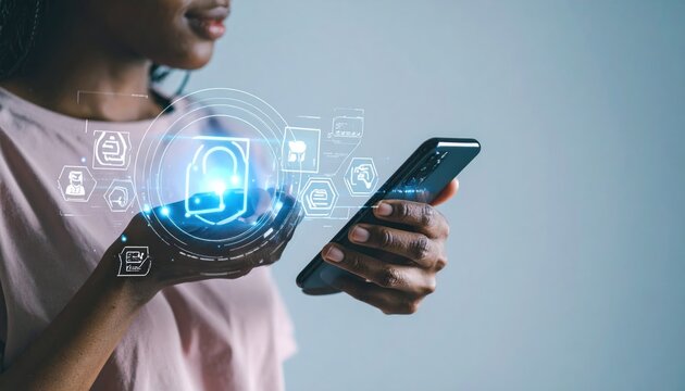 Black woman holding smartphone and interacting with glowing digital lock icon and futuristic cybersecurity interface, symbolizing online data protection.