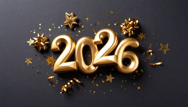 Golden 2026 numbers with festive stars and confetti on a dark background for New Year celebration