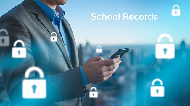 Business professional accessing school records securely through a mobile device