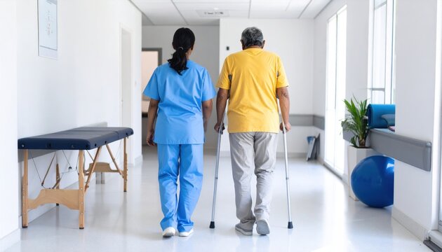 Female physical therapist assisting senior man with crutches during rehabilitation walk in modern medical clinic