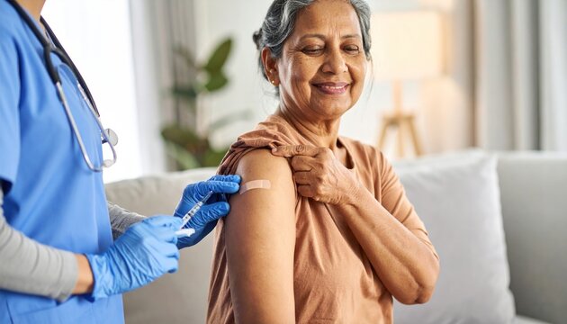 Smiling Senior Indian Woman Receiving Vaccine Injection from Nurse at Home