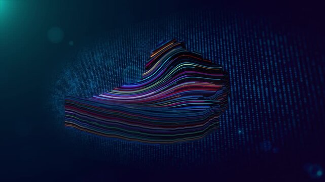 Mauritius map reveal with glowing multicolor flowing lines, 3D extruded surface, digital particle grid, depth of field, cinematic light flares, and futuristic technology inspired motion background.