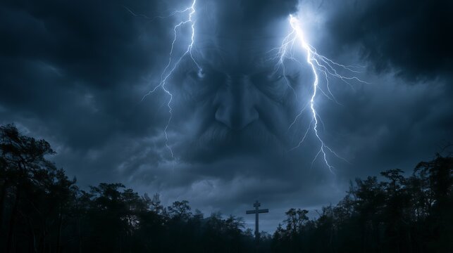 Dramatic clouds and lightning form a face above a forest with a cross in the background during a stormy evening
