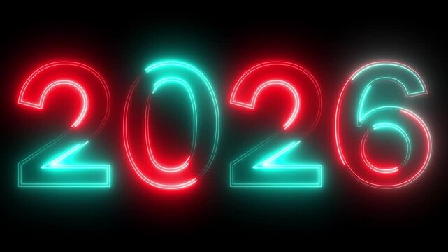 glowing neon red and cyan color new year 2026 number text icon animation season digit celebrate banner event wishes party anniversary on black background