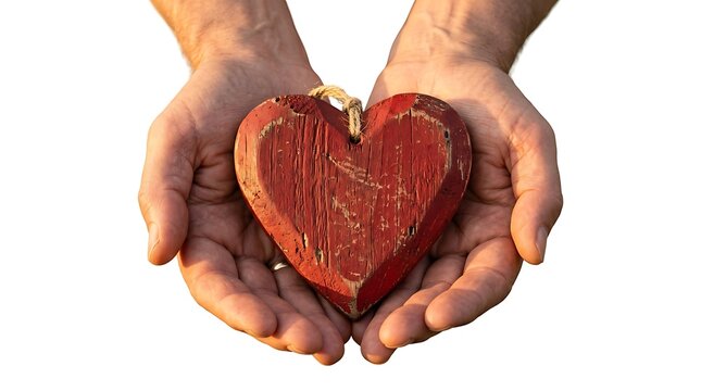 Human hands holding a rustic red wooden heart shape symbol of love and compassion.