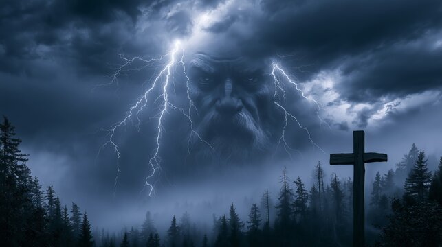 Dark stormy sky with lightning near a forest and a cross