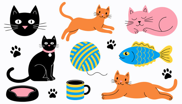 Playful cartoon cats with whimsical accessories with flat illustration four stylized cats black pink shades engaging everyday objects yarn yarn fish toy