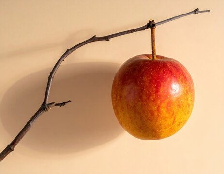 Single apple hanging from bare branch