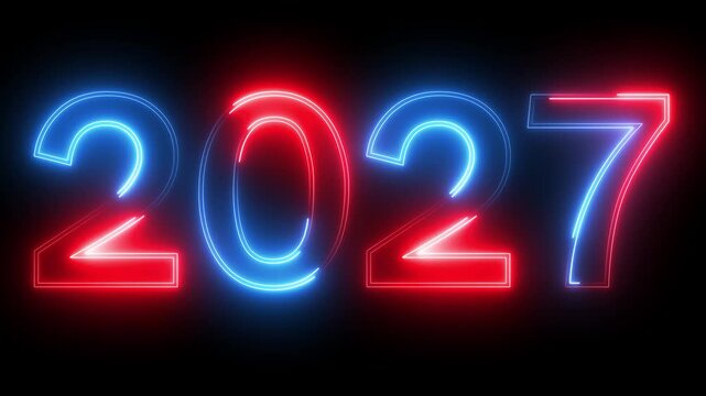 glowing neon red and blue color new year 2027 number text icon animation season digit celebrate banner event wishes party anniversary on black background